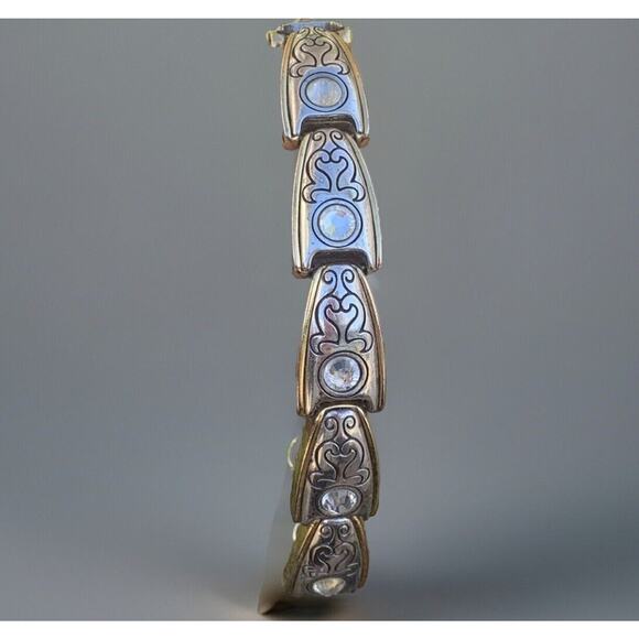Brighton Chunky Gold & Silver Tone Pearl Bracelet Square  VTG Brighton Gold And Silver Plated Link Bracelet With Crystal Accents 7\